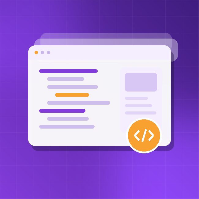 Web development illustration showing a browser window with code and a live preview panel